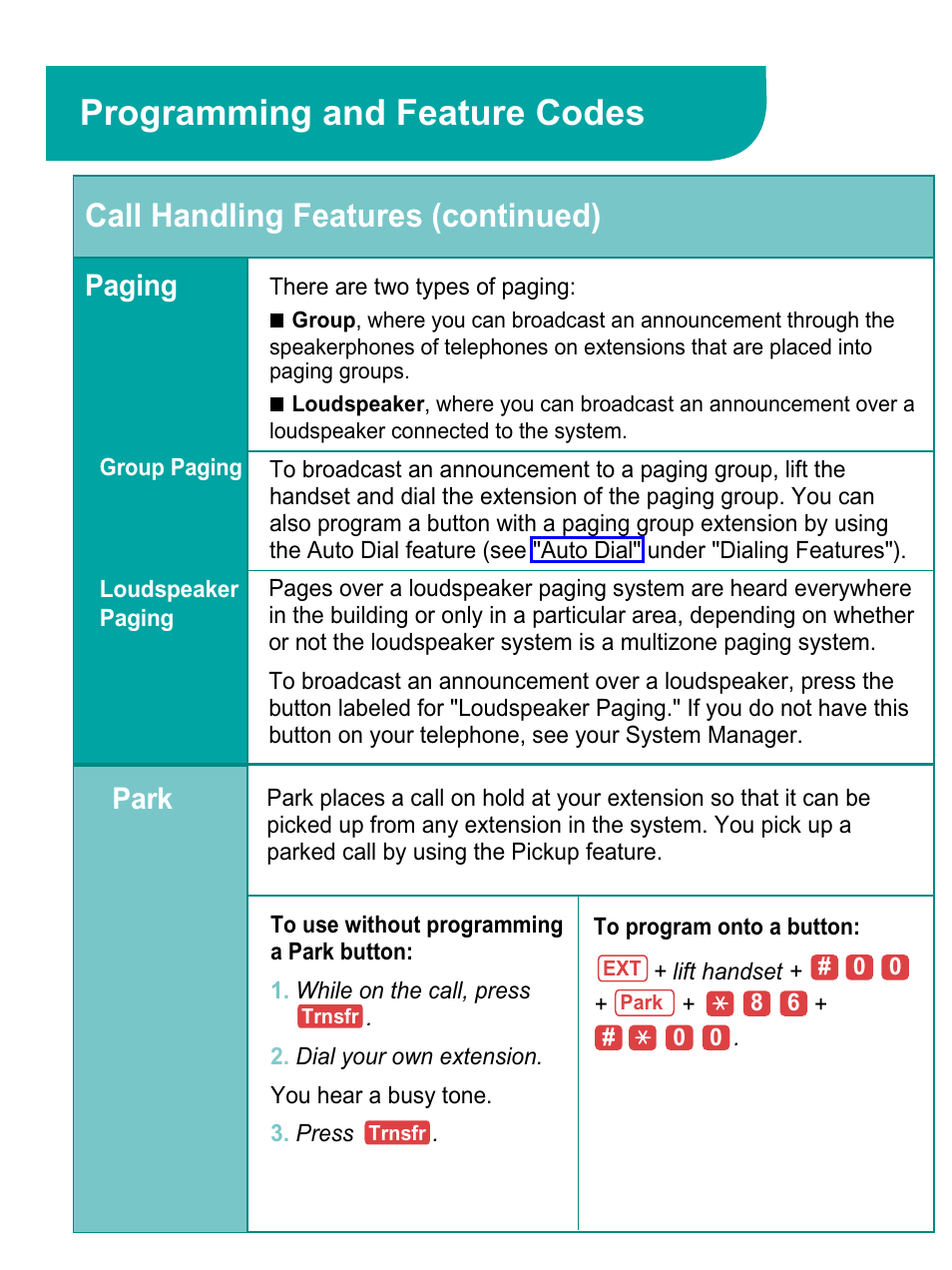 Paging, Group paging, Loudspeaker paging | Park, Programming and feature codes, Call handling features (continued) | Avaya 4424LD+ User Manual | Page 11 / 24