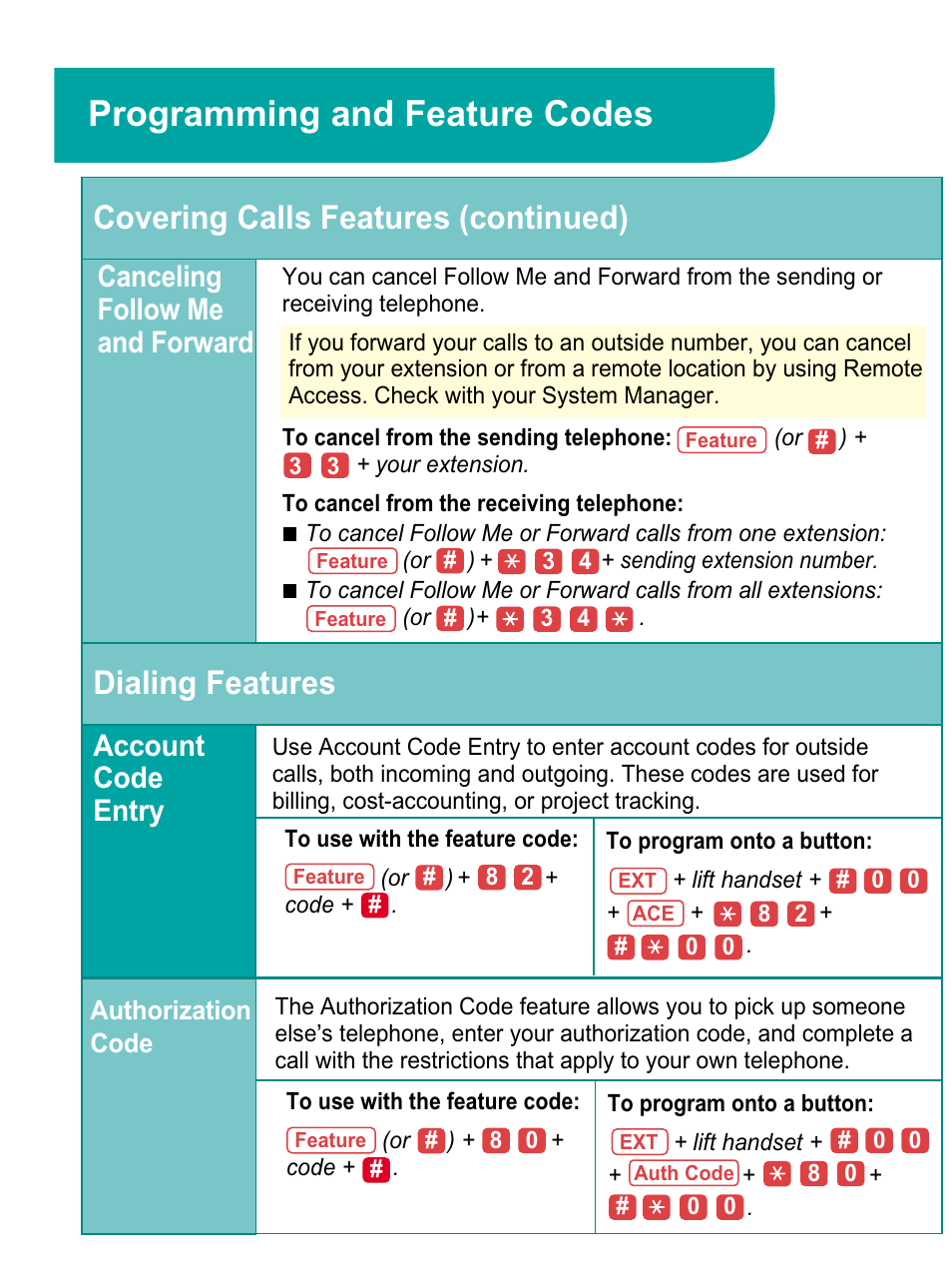 Canceling follow me and forward, Dialing feature, Account code entry | Authorization code, Programming and feature codes, Covering calls features (continued), Dialing features | Avaya 4424LD+ User Manual | Page 15 / 24