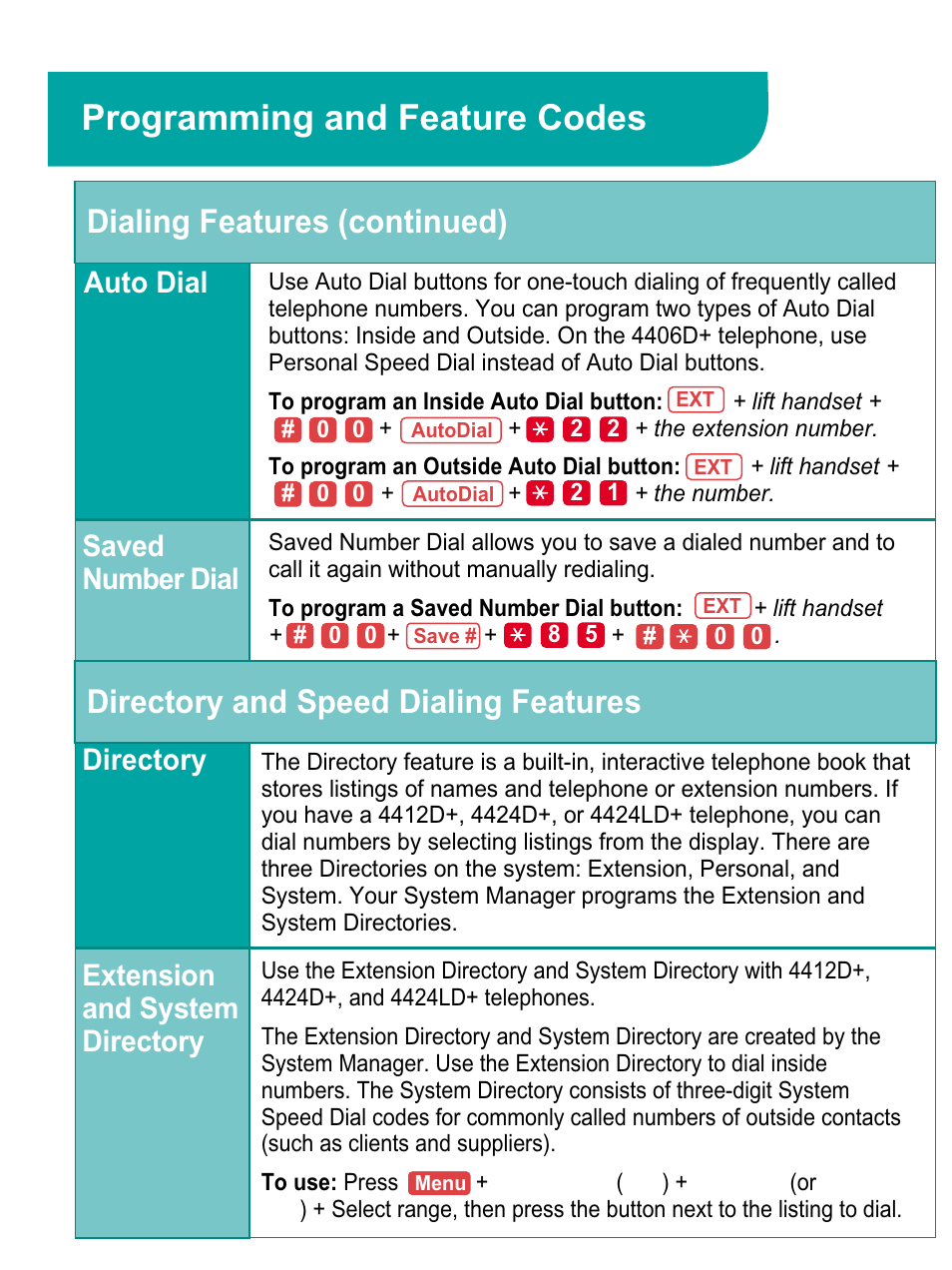 Auto dial, Saved number dial, Directory and speed dialing features | Directory, Extension and system directory, Programming and feature codes, Directory extension and system directory | Avaya 4424LD+ User Manual | Page 16 / 24