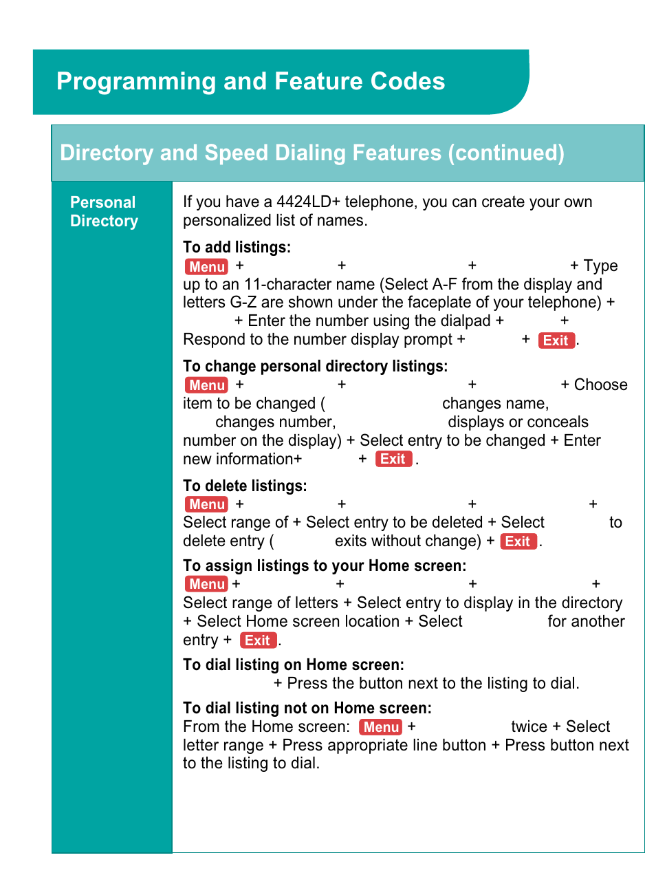 Personal directory, Programming and feature codes, Directory and speed dialing features (continued) | Avaya 4424LD+ User Manual | Page 17 / 24