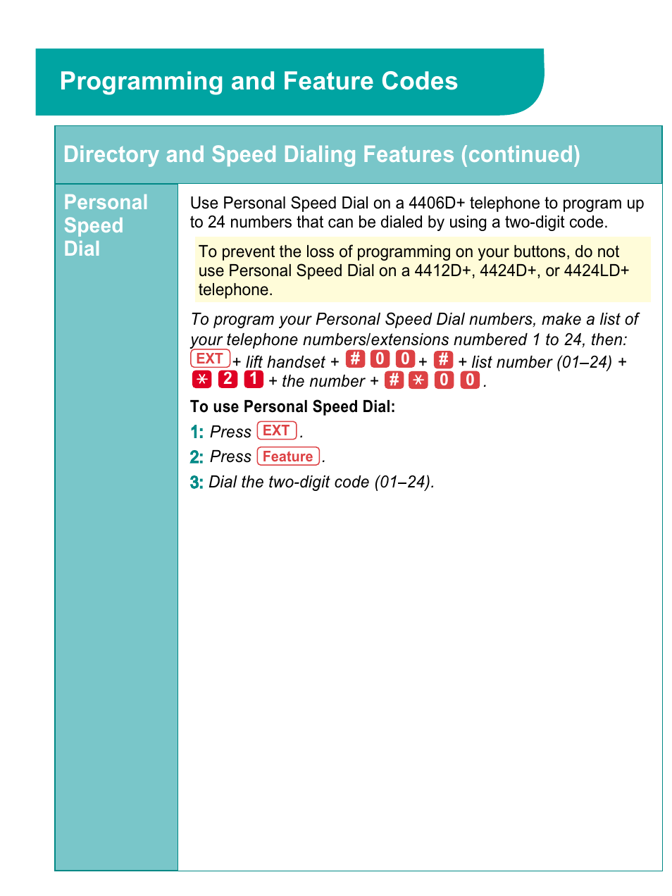 Personal speed dial, Programming and feature codes, Directory and speed dialing features (continued) | Avaya 4424LD+ User Manual | Page 18 / 24