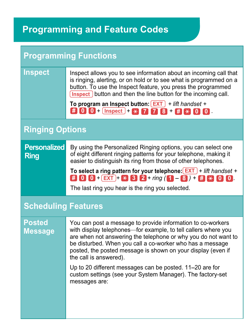 Programming functions, Inspect, Ringing options | Personalized ring, Scheduling features, Posted message, Programming and feature codes | Avaya 4424LD+ User Manual | Page 20 / 24