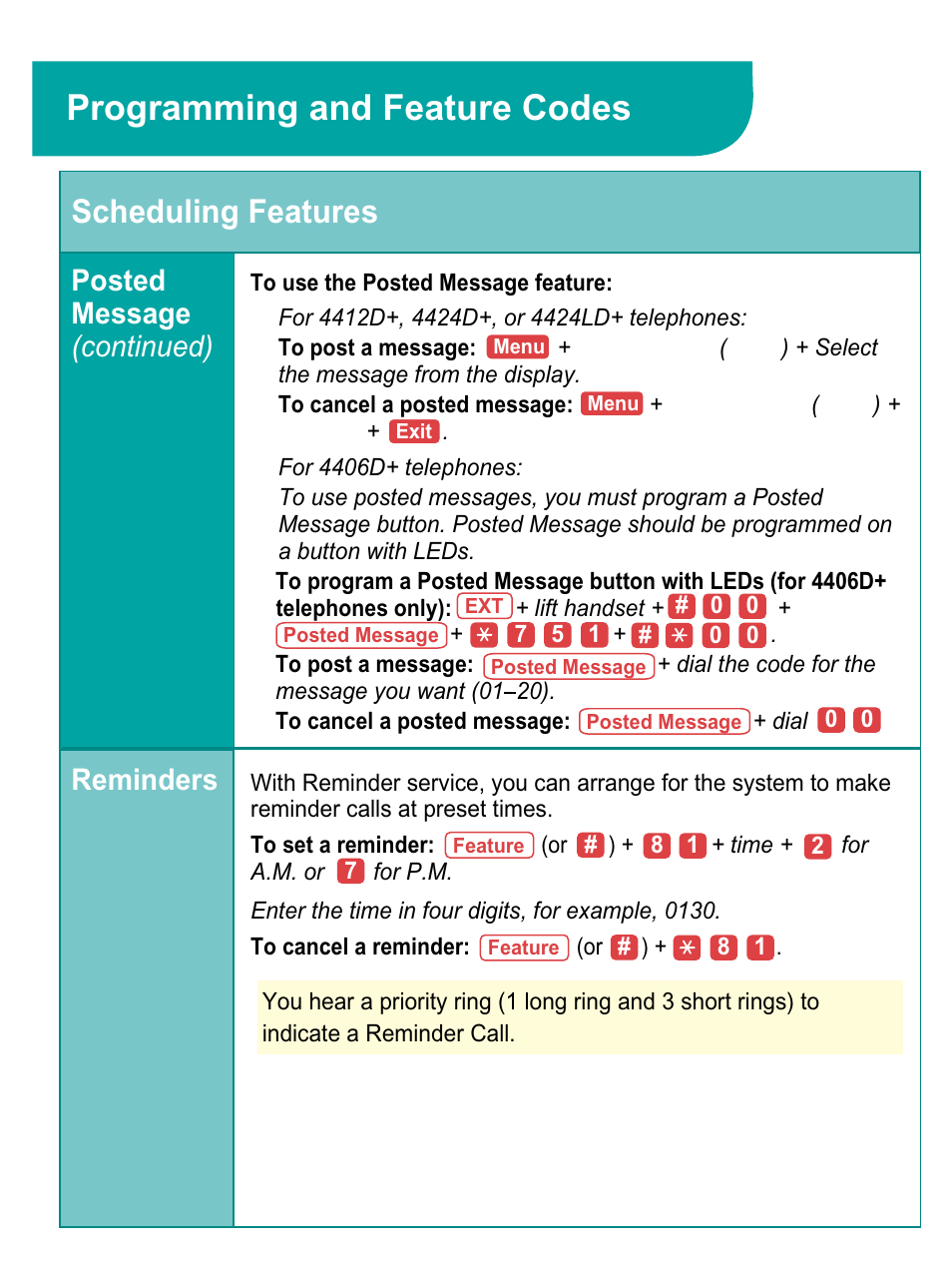 Reminders, Programming and feature codes, Scheduling features | Posted message (continued) | Avaya 4424LD+ User Manual | Page 21 / 24