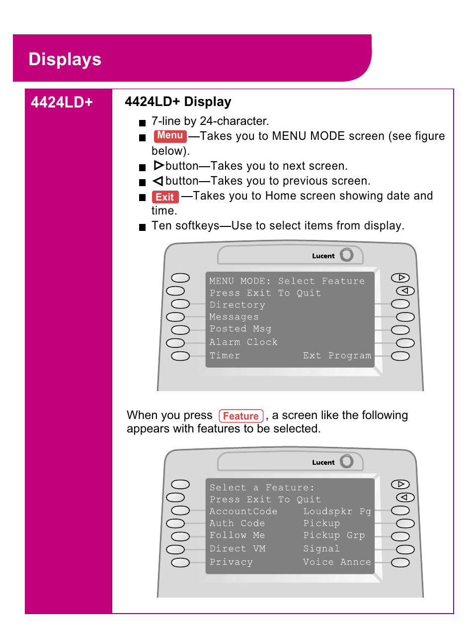 4424ld, Displays, 4424ld+ display | Avaya 4424LD+ User Manual | Page 24 / 24