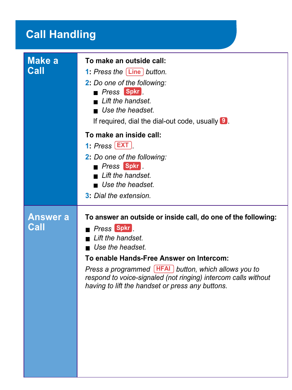 Call handling, Make a call, Answer a call | Make a call answer a call | Avaya 4424LD+ User Manual | Page 5 / 24
