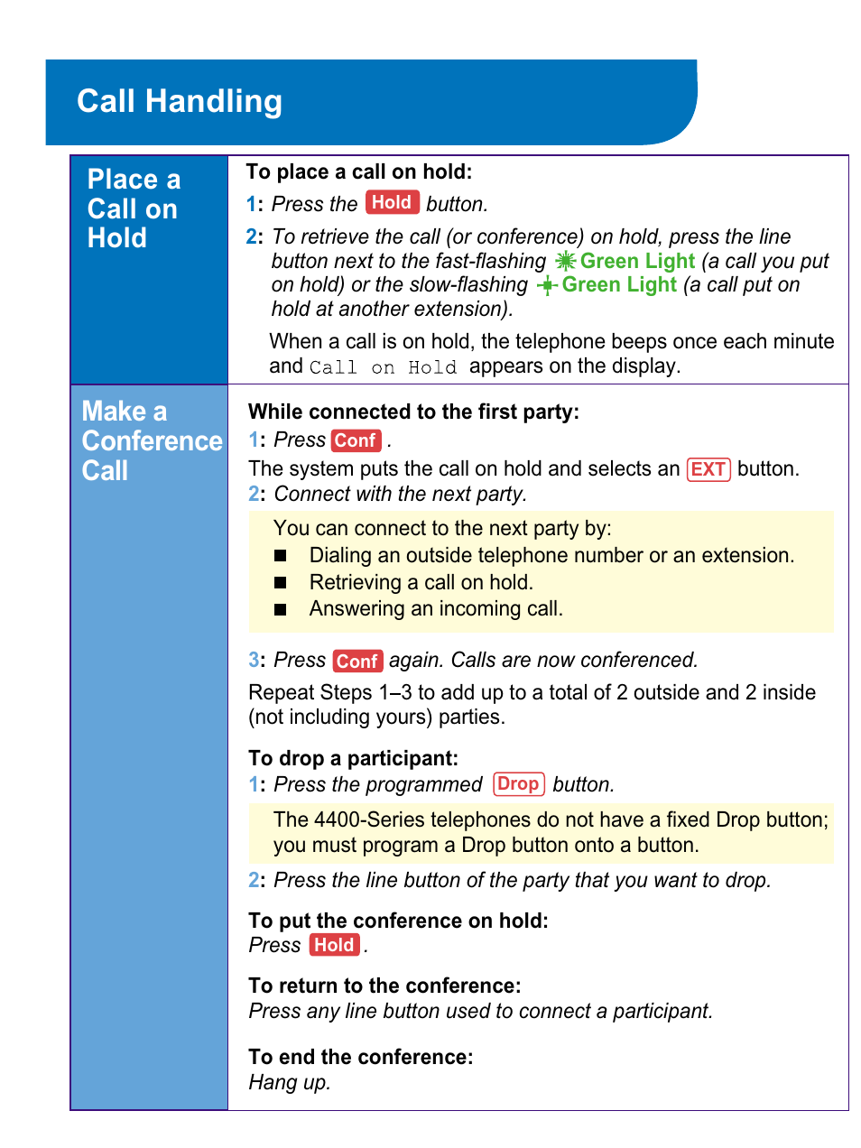 Place a call on hold, Make a conference call, Call handling | Avaya 4424LD+ User Manual | Page 7 / 24