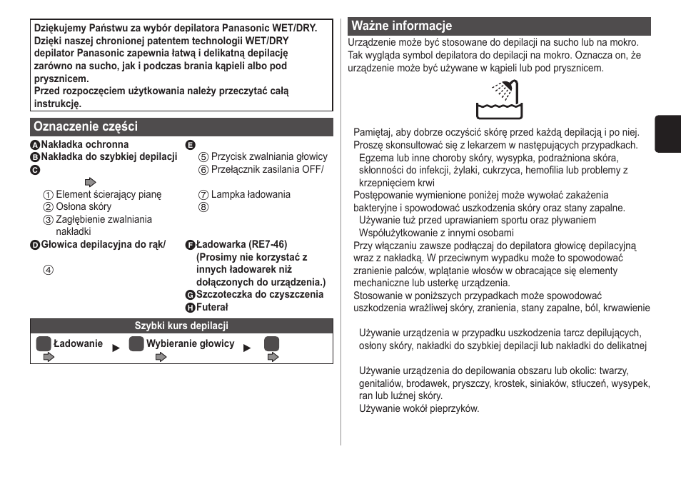 Oznaczenie części, Ważne informacje | Panasonic ESWD10 User Manual | Page 71 / 110