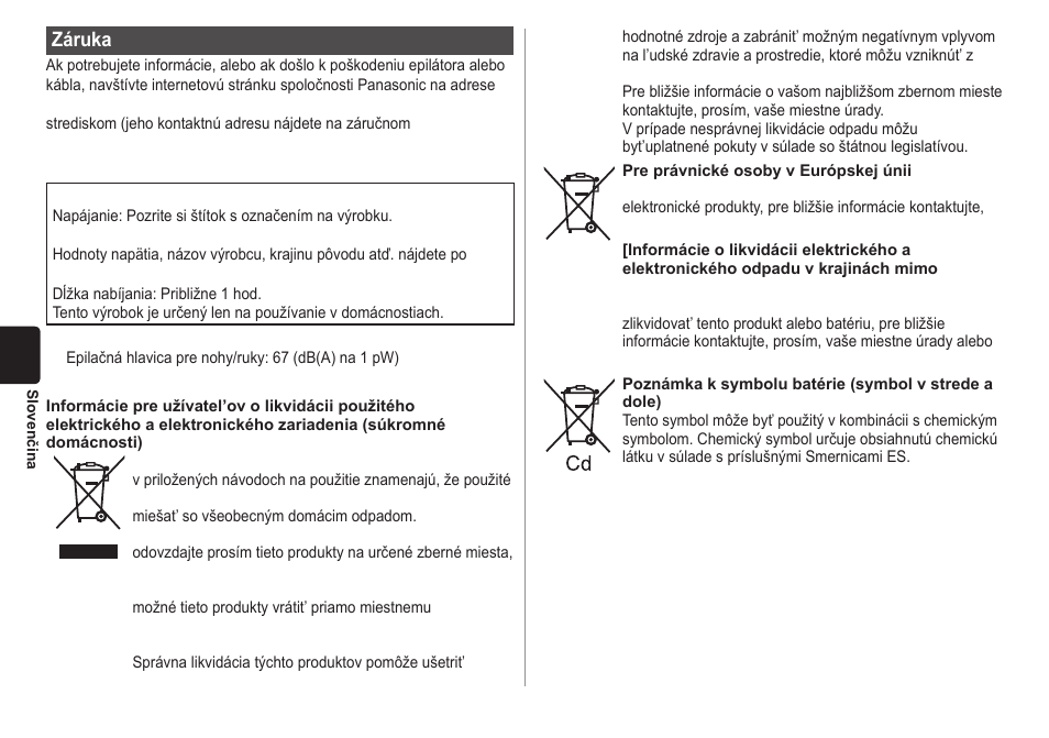 Záruka | Panasonic ESWD10 User Manual | Page 88 / 110