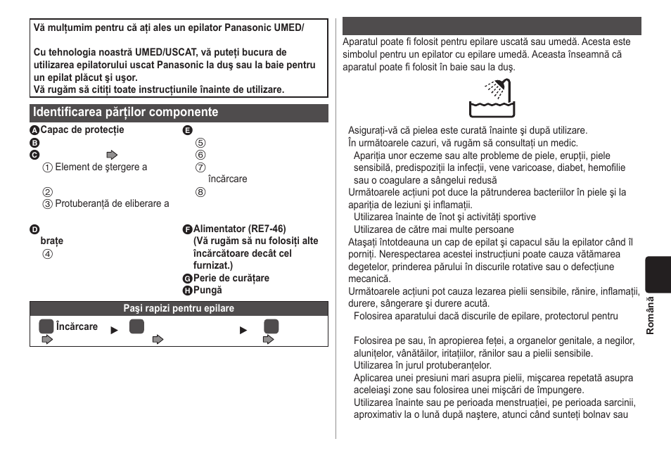 Identificarea părţilor componente, Important | Panasonic ESWD10 User Manual | Page 89 / 110