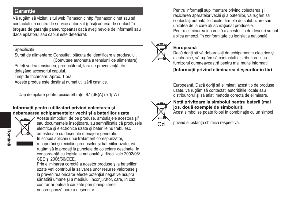 Garanţie | Panasonic ESWD10 User Manual | Page 94 / 110