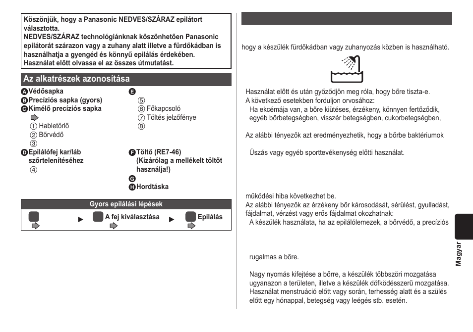 Az alkatrészek azonosítása, Fontos | Panasonic ESWD10 User Manual | Page 95 / 110