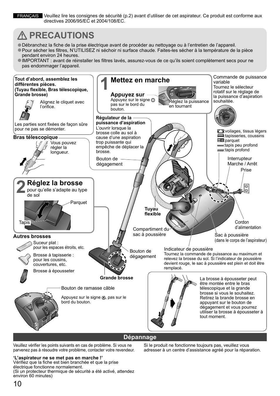 Precautions, Réglez la brosse, Mettez en marche | Panasonic MCCG882SC79 User Manual | Page 10 / 18