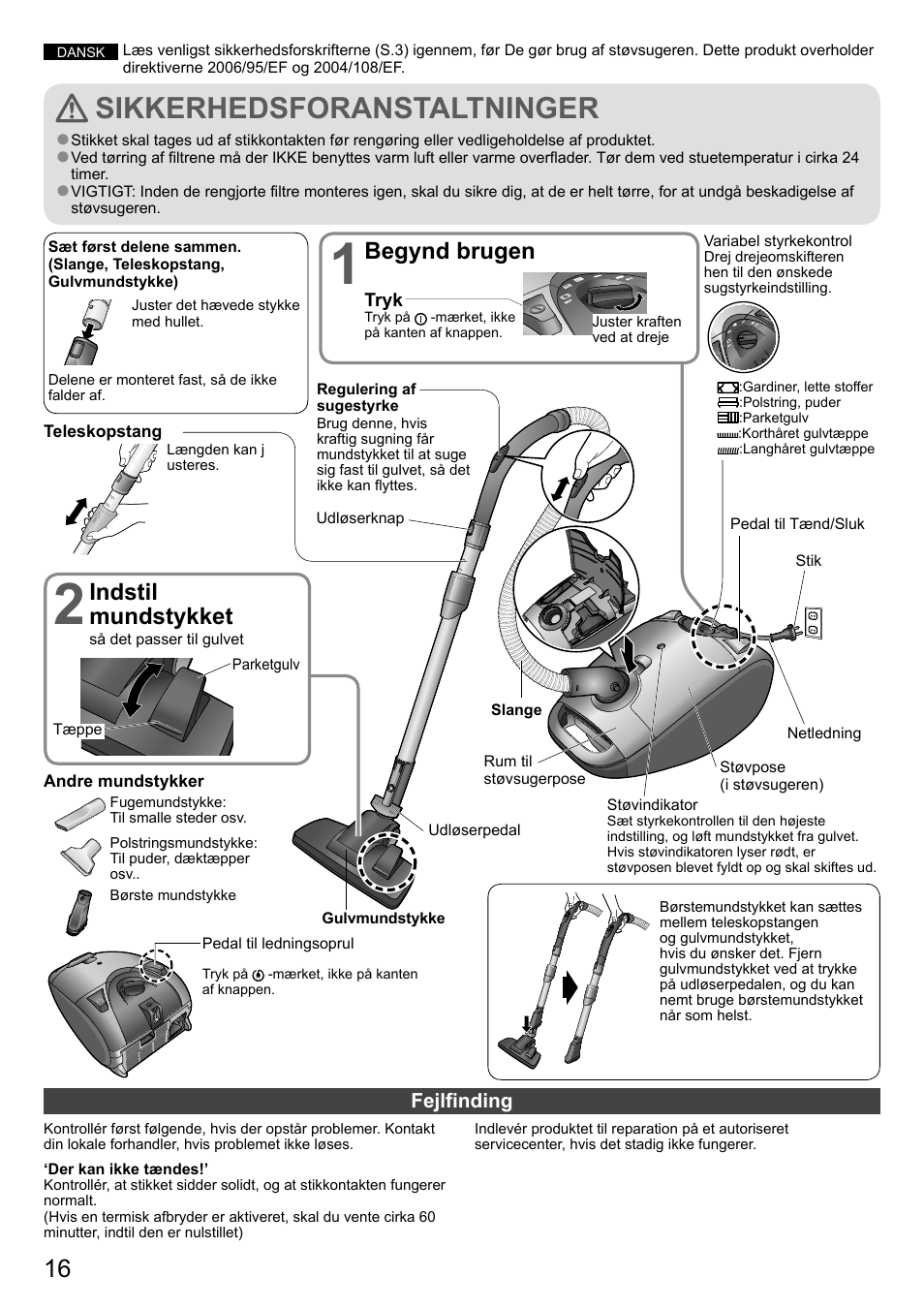 Sikkerhedsforanstaltninger, Indstil mundstykket, Begynd brugen | Panasonic MCCG882SC79 User Manual | Page 16 / 18