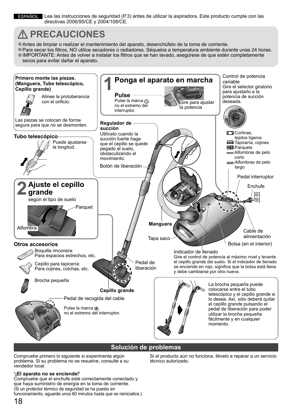 Precauciones, Ajuste el cepillo grande, Ponga el aparato en marcha | Panasonic MCCG882SC79 User Manual | Page 18 / 18