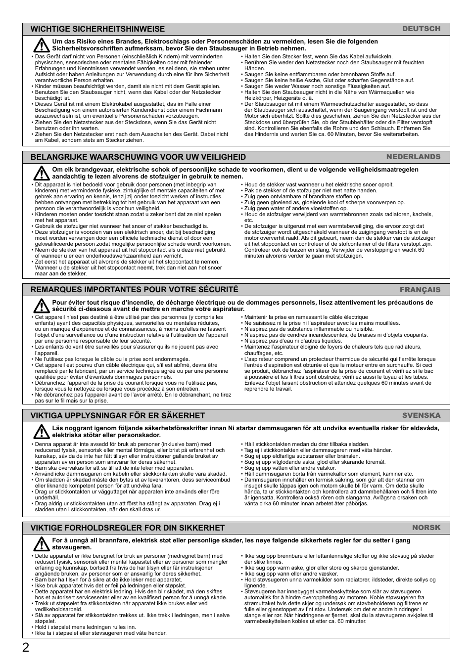 Belangrijke waarschuwing voor uw veiligheid, Wichtige sicherheitshinweise, Remarques importantes pour votre sécurité | Viktiga upplysningar för er säkerhet, Viktige forholdsregler for din sikkerhet | Panasonic MCCG882SC79 User Manual | Page 2 / 18