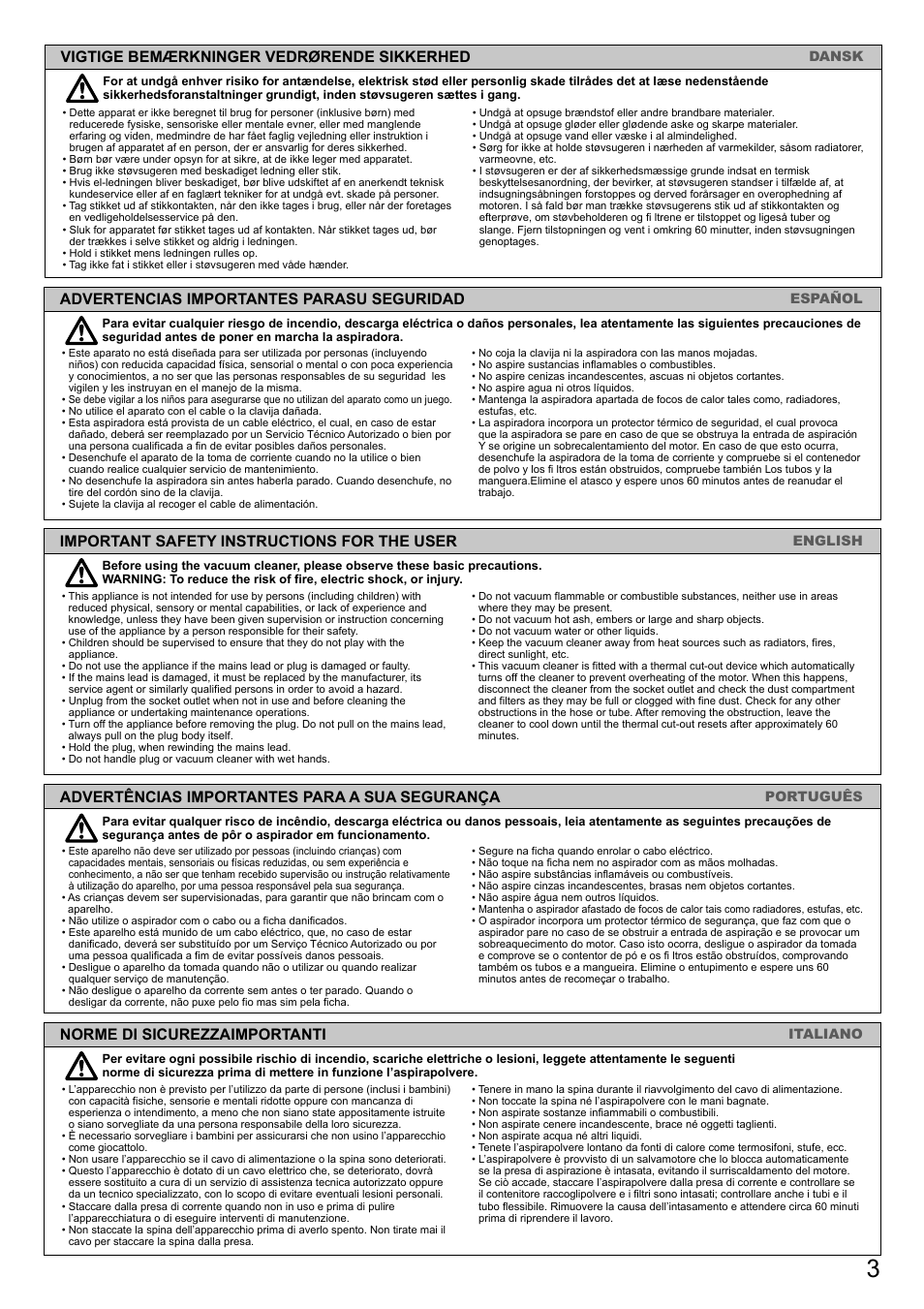 Vigtige bemærkninger vedrørende sikkerhed, Advertencias importantes parasu seguridad, Important safety instructions for the user | Advertências importantes para a sua segurança, Norme di sicurezzaimportanti | Panasonic MCCG882SC79 User Manual | Page 3 / 18