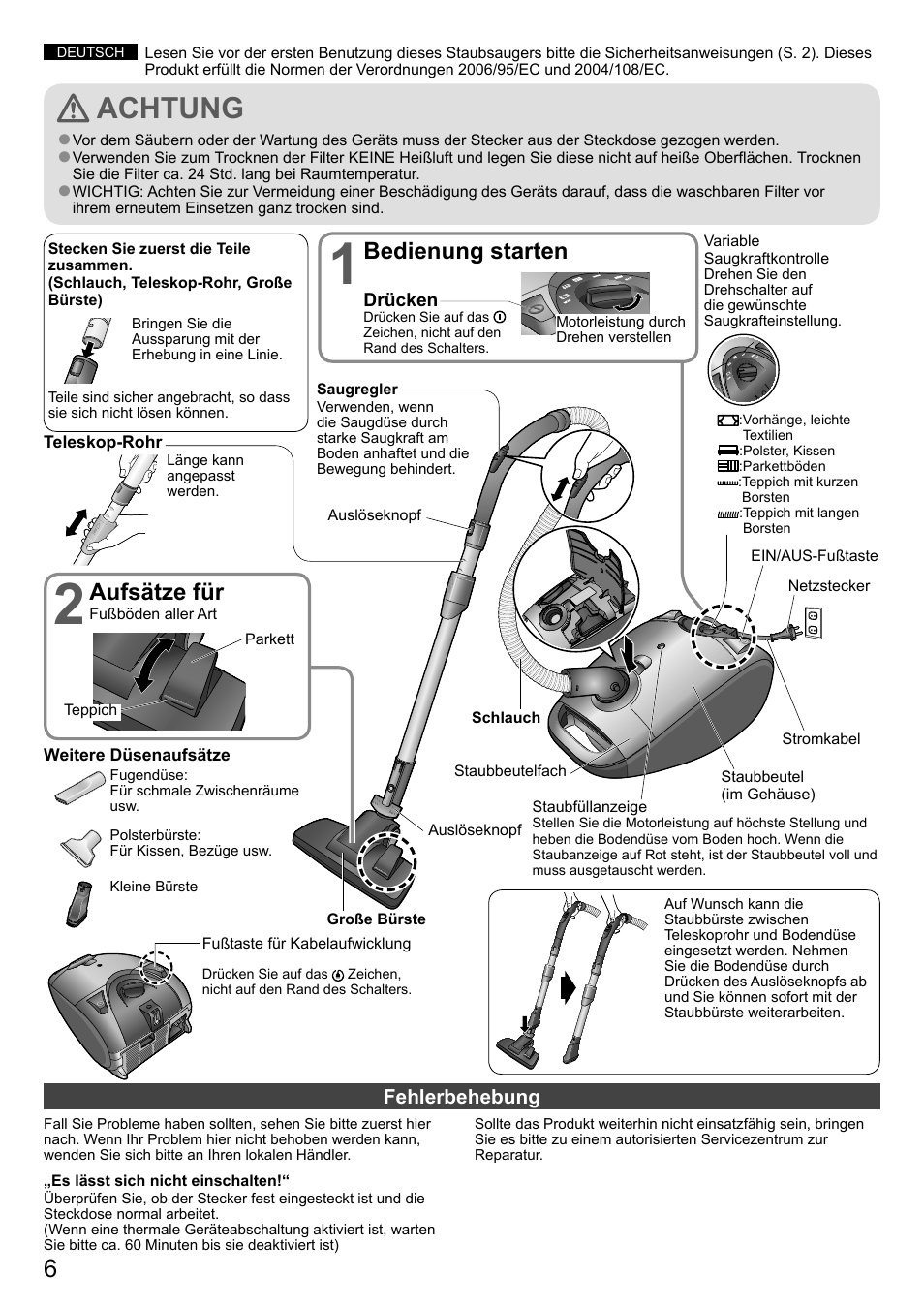 Achtung, Aufsätze für, Bedienung starten | Panasonic MCCG882SC79 User Manual | Page 6 / 18