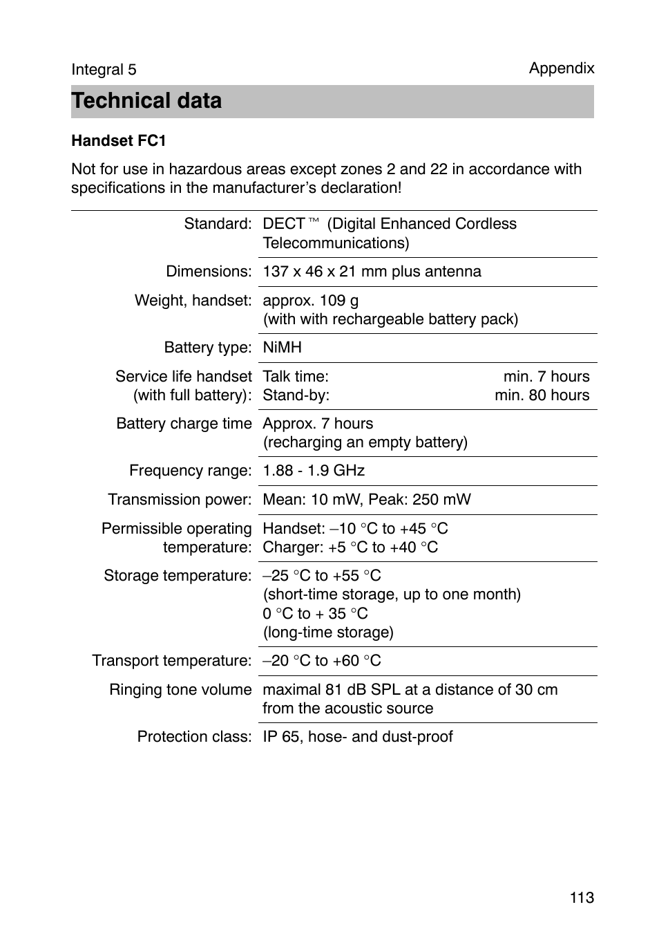 Technical data | Avaya Integral 3 / 5 FC1 User Manual | Page 113 / 120