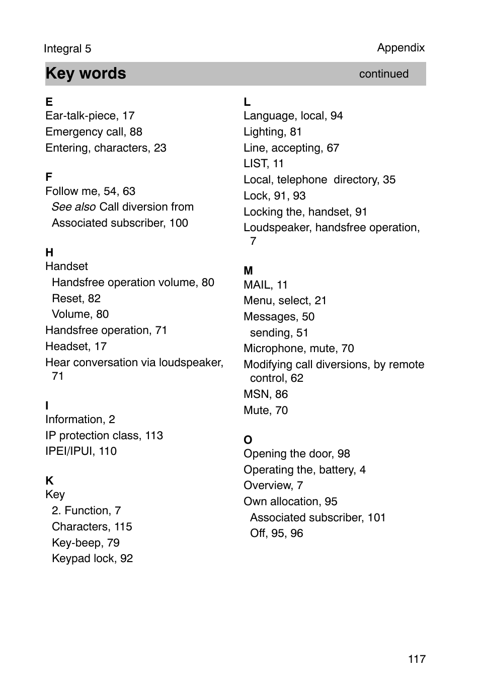 Key words | Avaya Integral 3 / 5 FC1 User Manual | Page 117 / 120