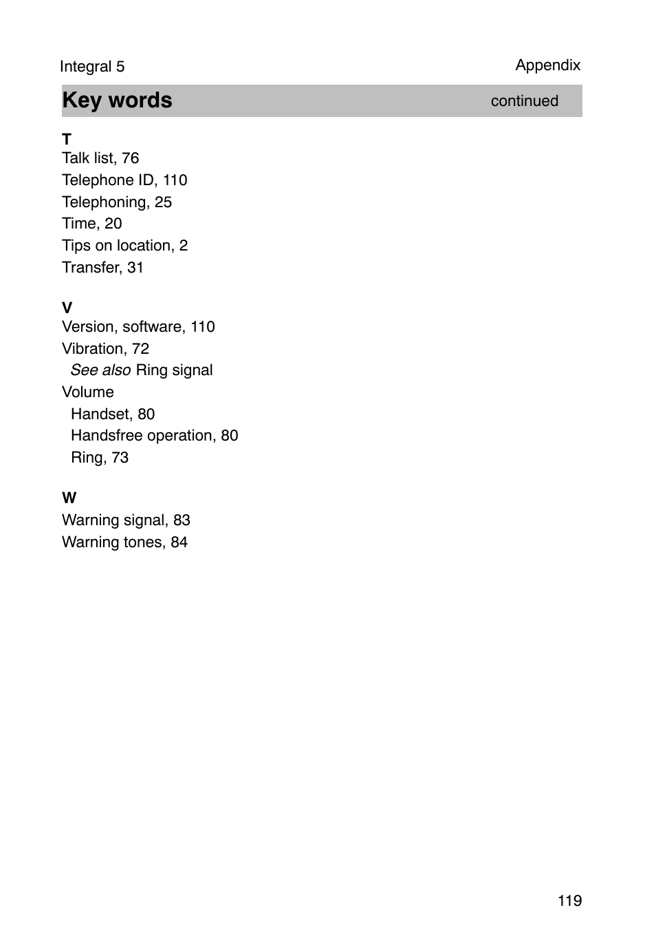 Key words | Avaya Integral 3 / 5 FC1 User Manual | Page 119 / 120