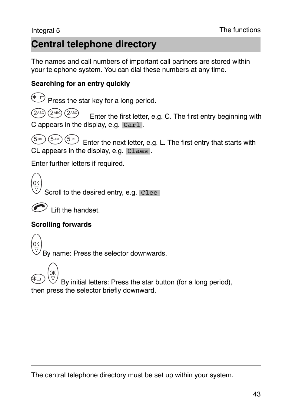 Central telephone directory | Avaya Integral 3 / 5 FC1 User Manual | Page 43 / 120