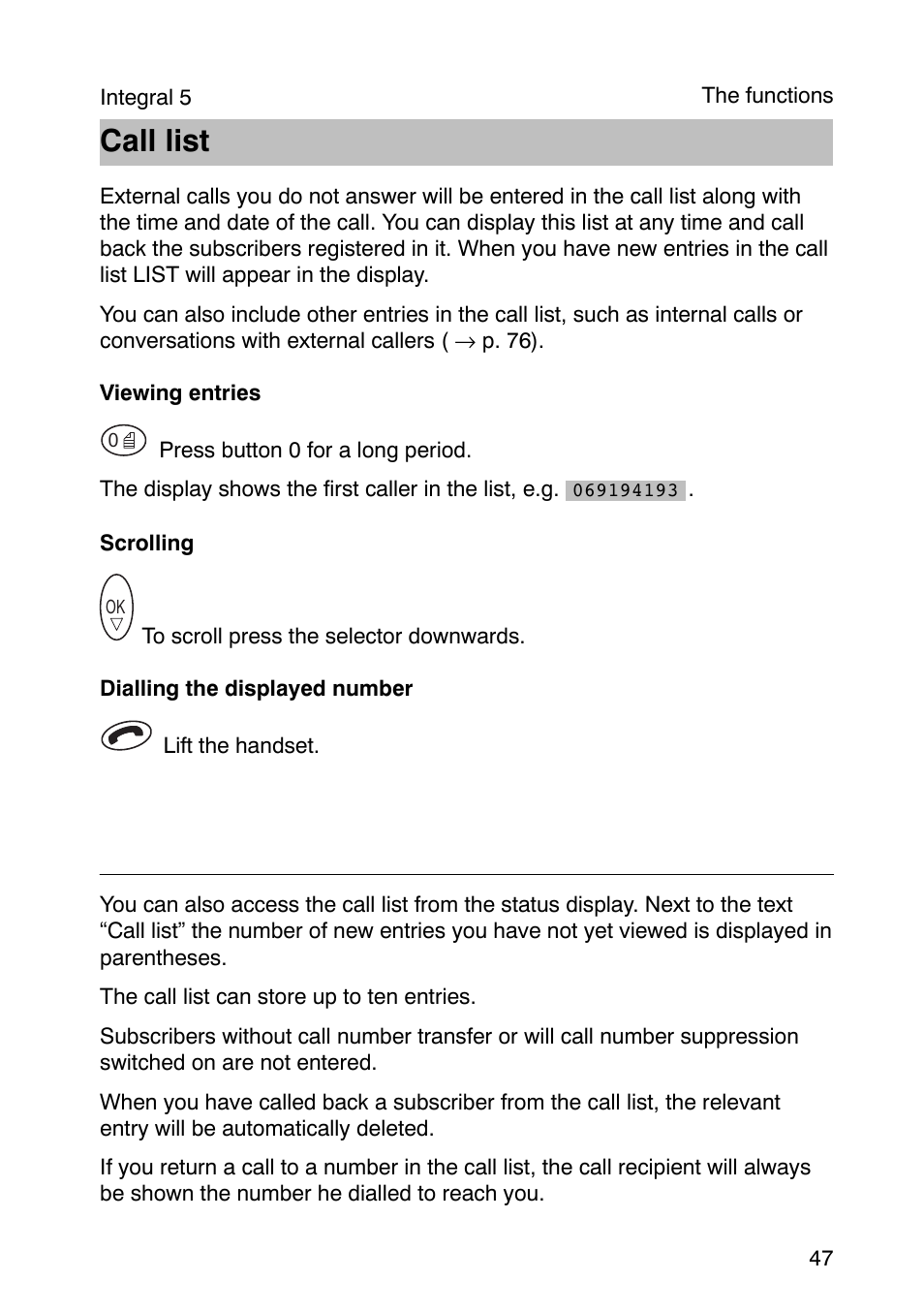 Call list | Avaya Integral 3 / 5 FC1 User Manual | Page 47 / 120