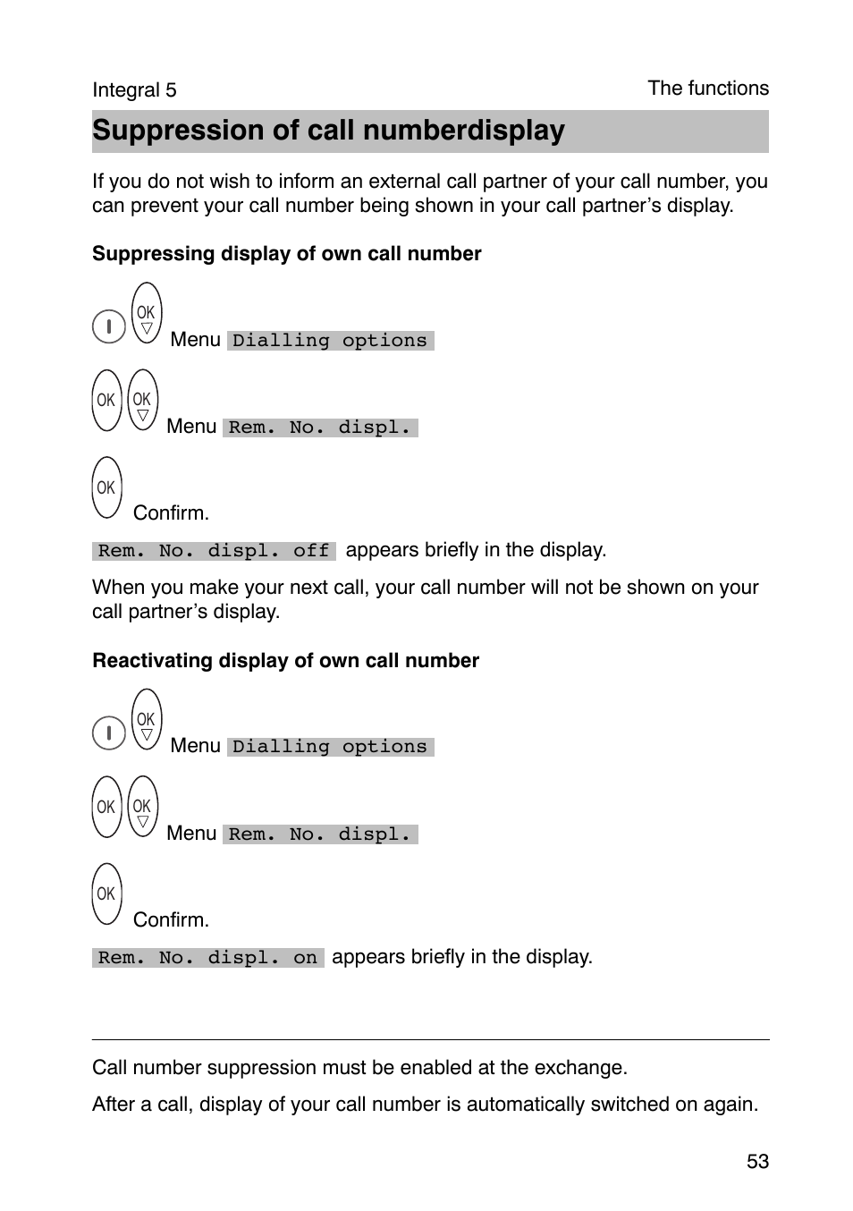 Suppression of call numberdisplay | Avaya Integral 3 / 5 FC1 User Manual | Page 53 / 120