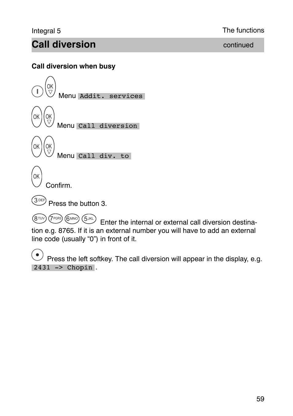 Call diversion | Avaya Integral 3 / 5 FC1 User Manual | Page 59 / 120