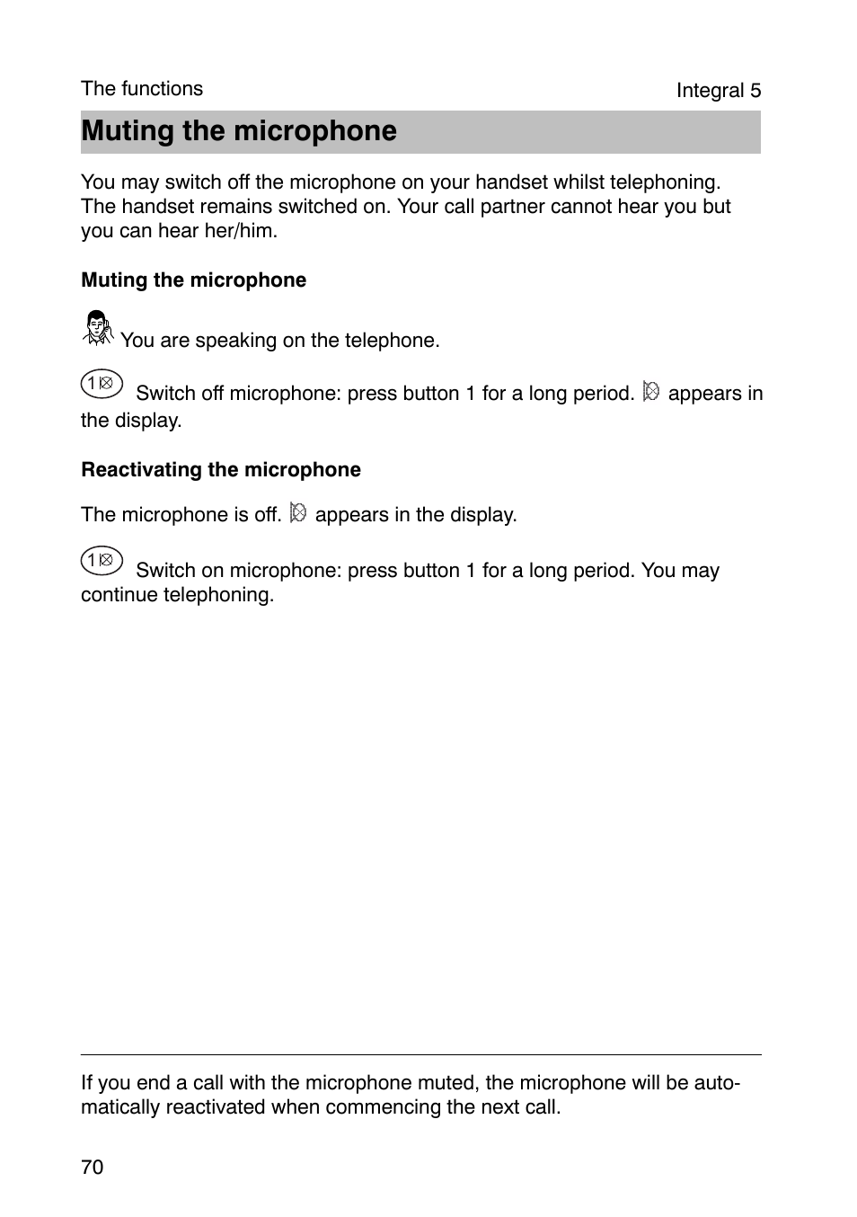 Muting the microphone | Avaya Integral 3 / 5 FC1 User Manual | Page 70 / 120