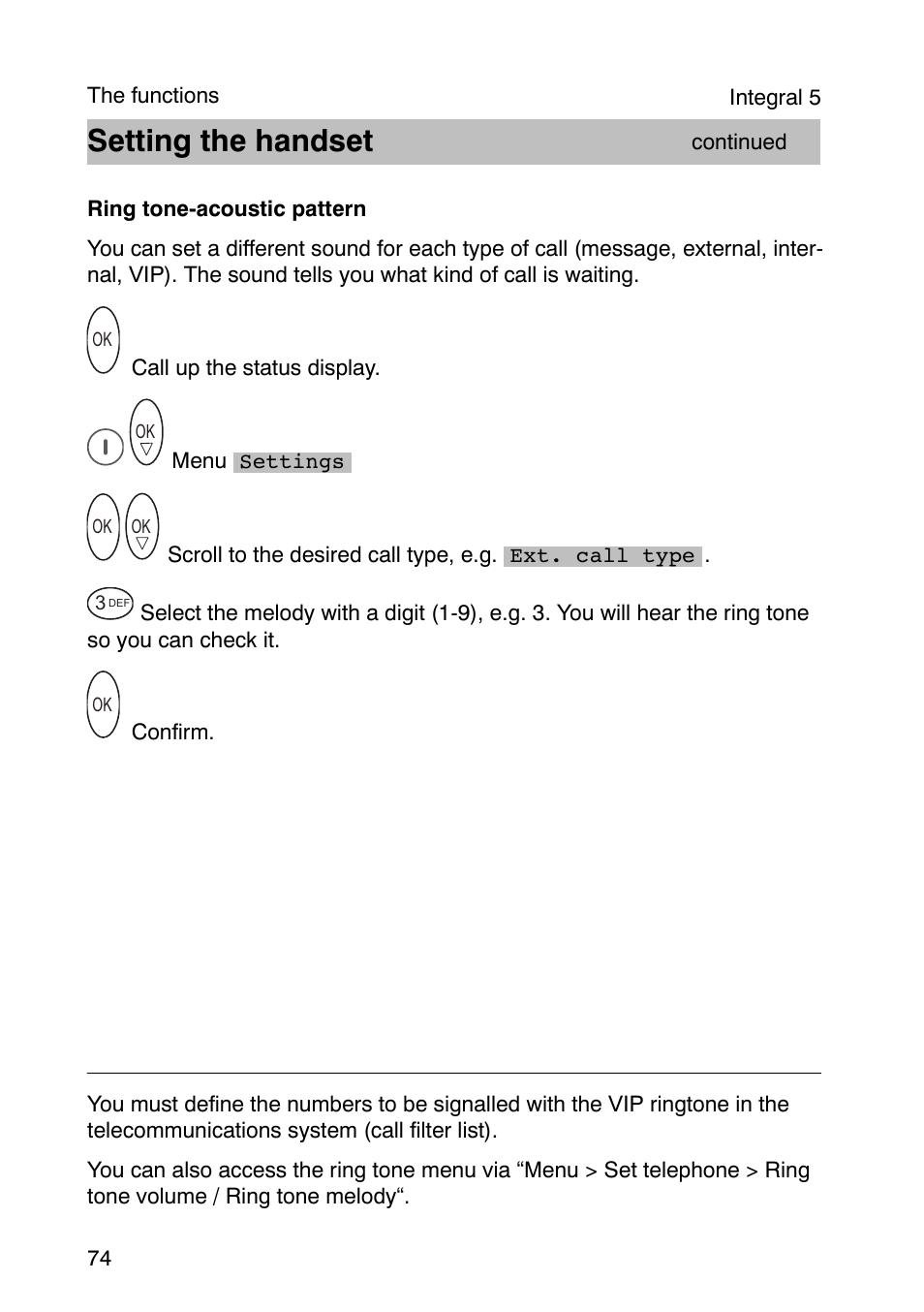 Setting the handset | Avaya Integral 3 / 5 FC1 User Manual | Page 74 / 120