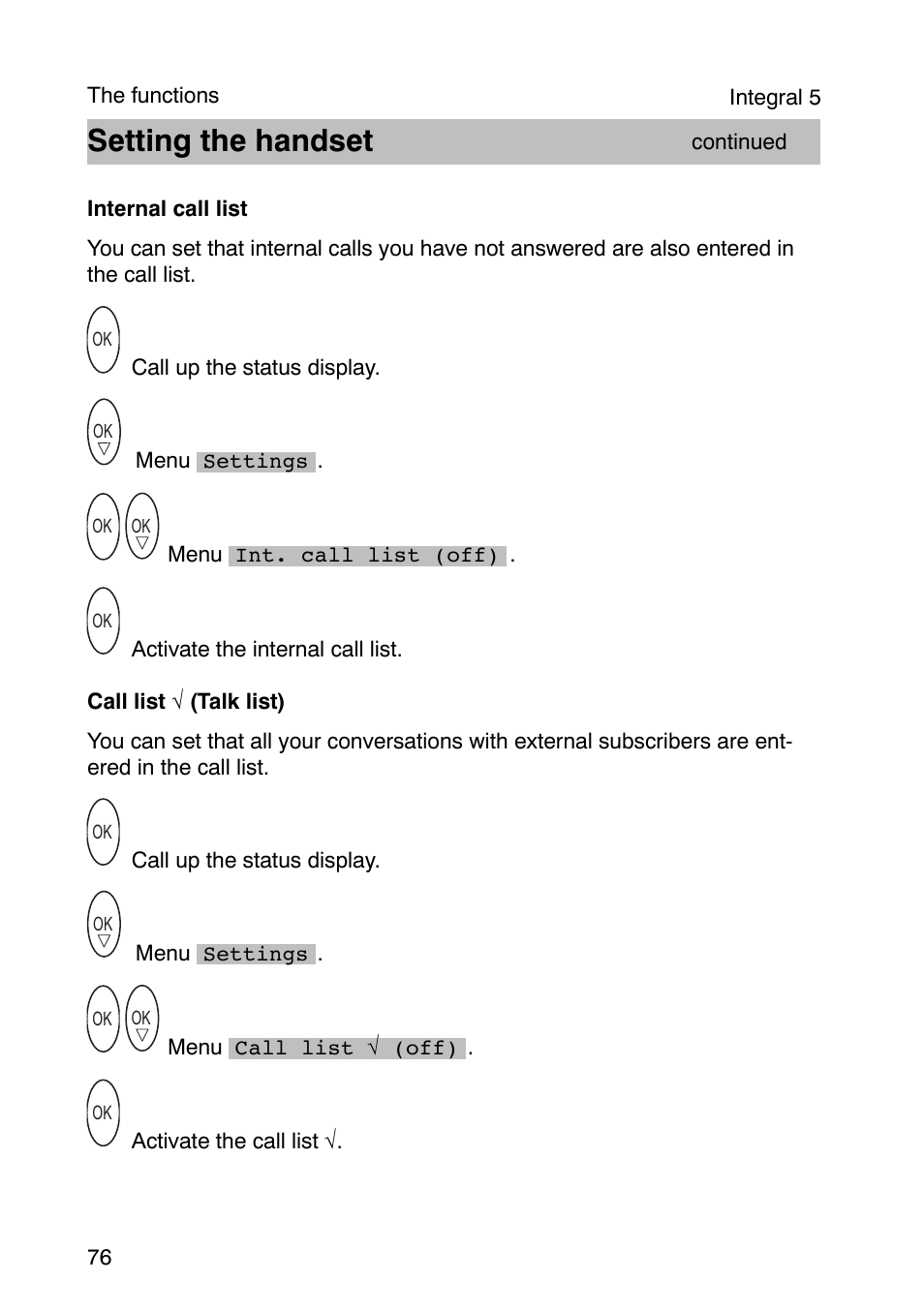 Setting the handset | Avaya Integral 3 / 5 FC1 User Manual | Page 76 / 120