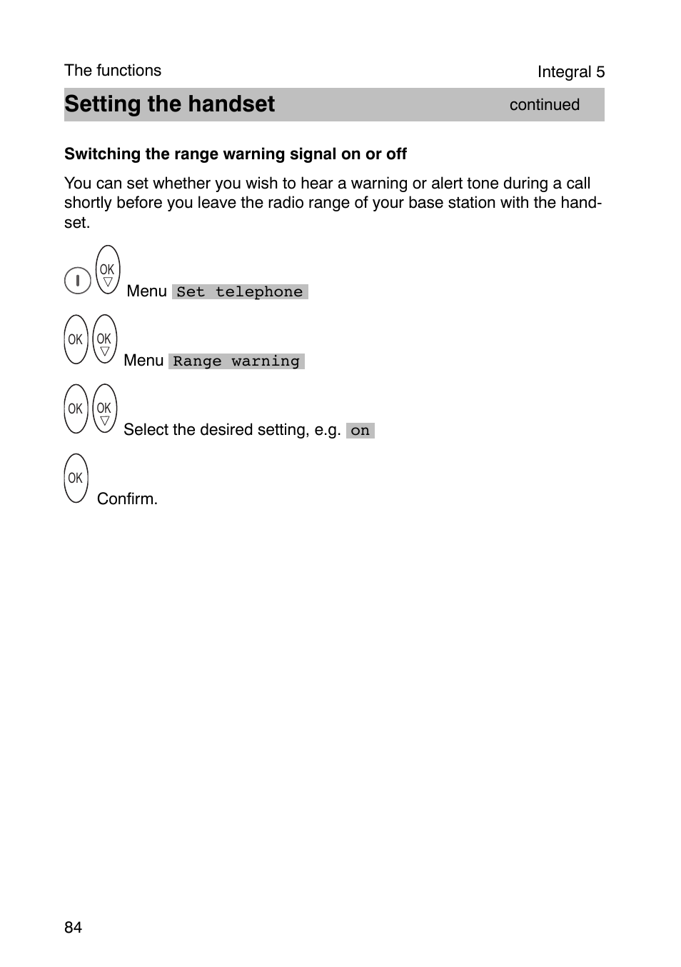 Setting the handset | Avaya Integral 3 / 5 FC1 User Manual | Page 84 / 120