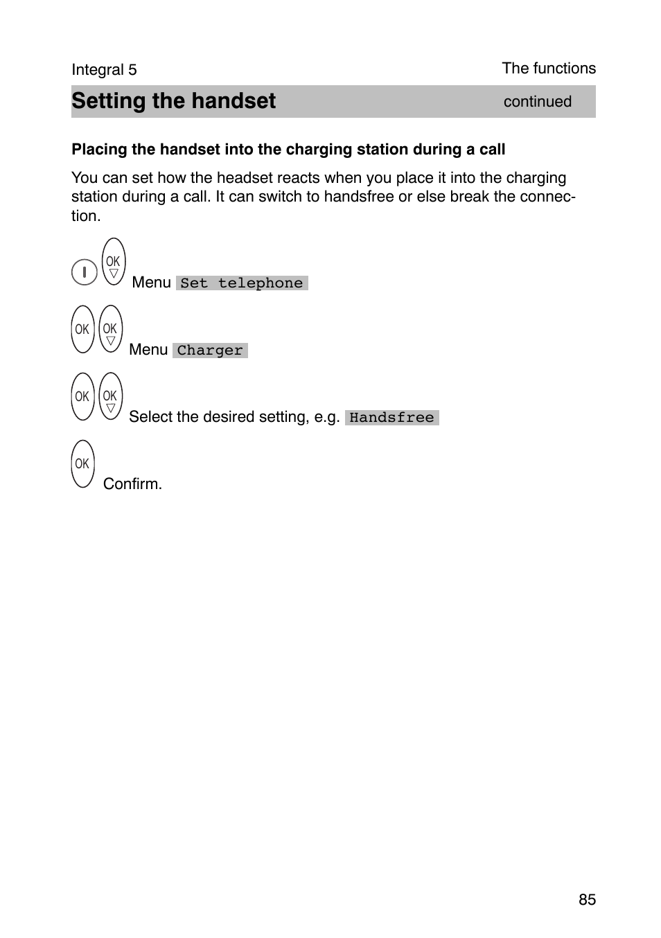 Setting the handset | Avaya Integral 3 / 5 FC1 User Manual | Page 85 / 120