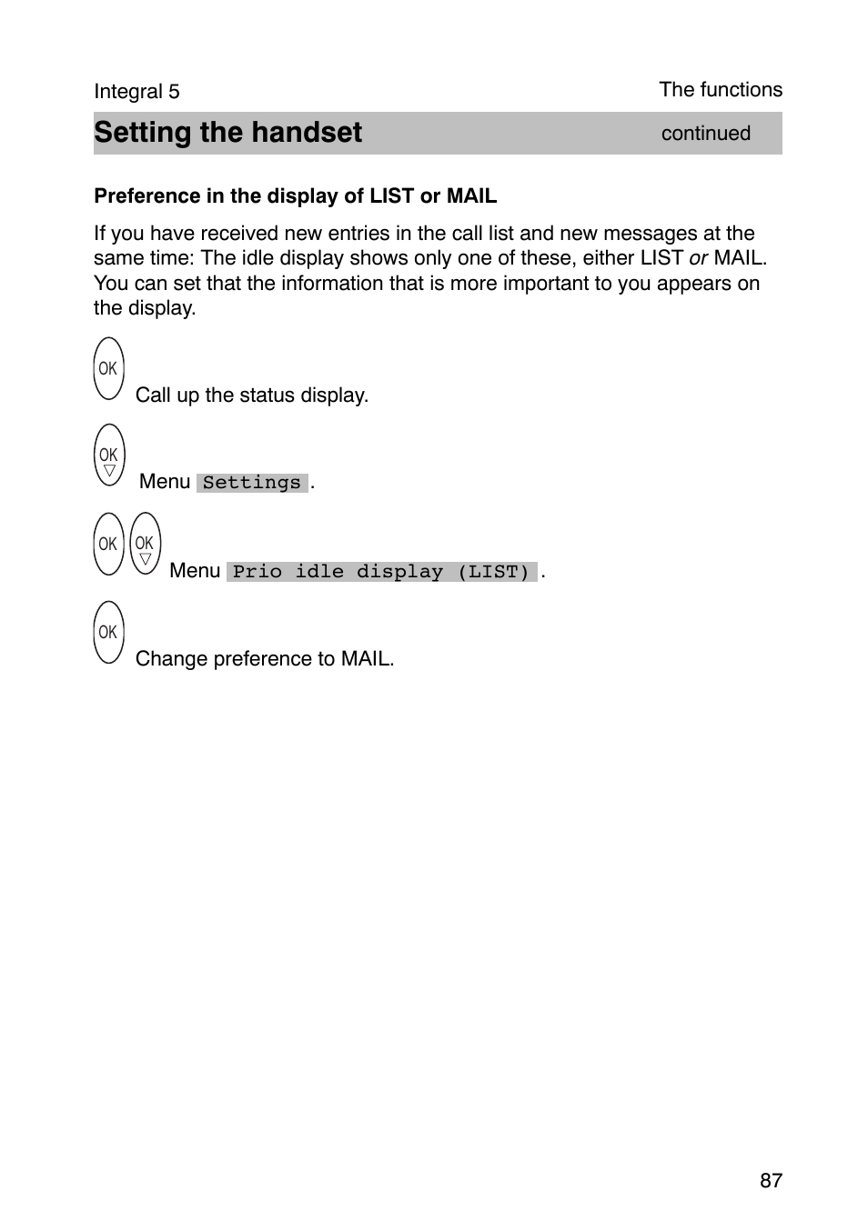 Setting the handset | Avaya Integral 3 / 5 FC1 User Manual | Page 87 / 120