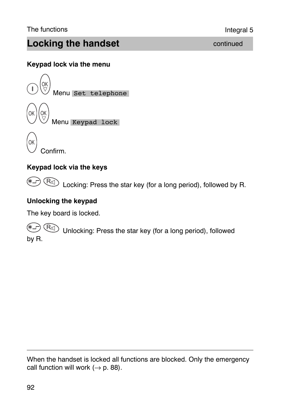 Locking the handset | Avaya Integral 3 / 5 FC1 User Manual | Page 92 / 120