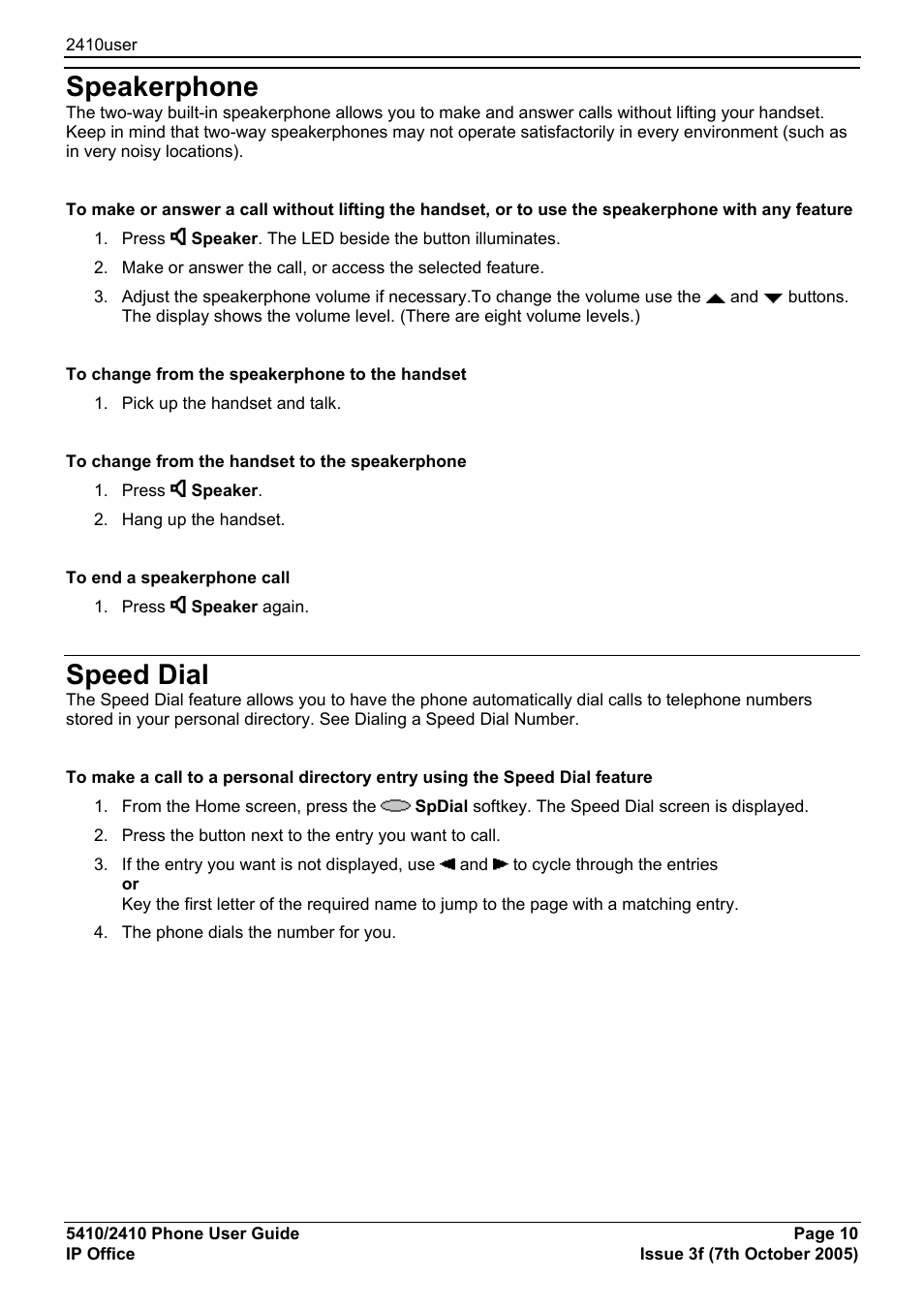 Speakerphone, Speed dial | Avaya 5410 User Manual | Page 10 / 38