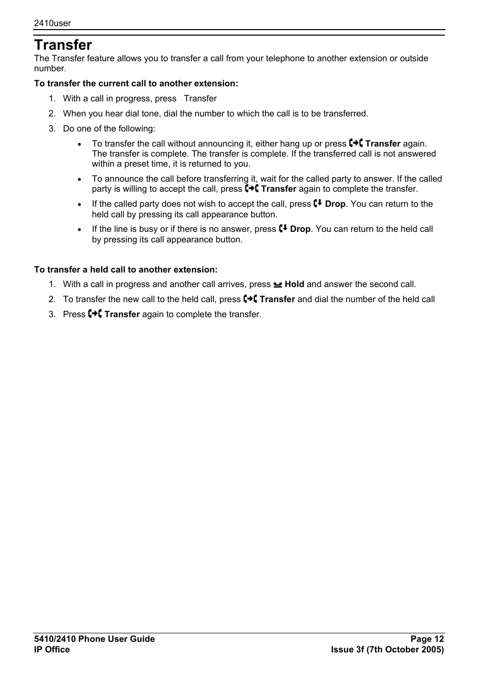 Transfer | Avaya 5410 User Manual | Page 12 / 38