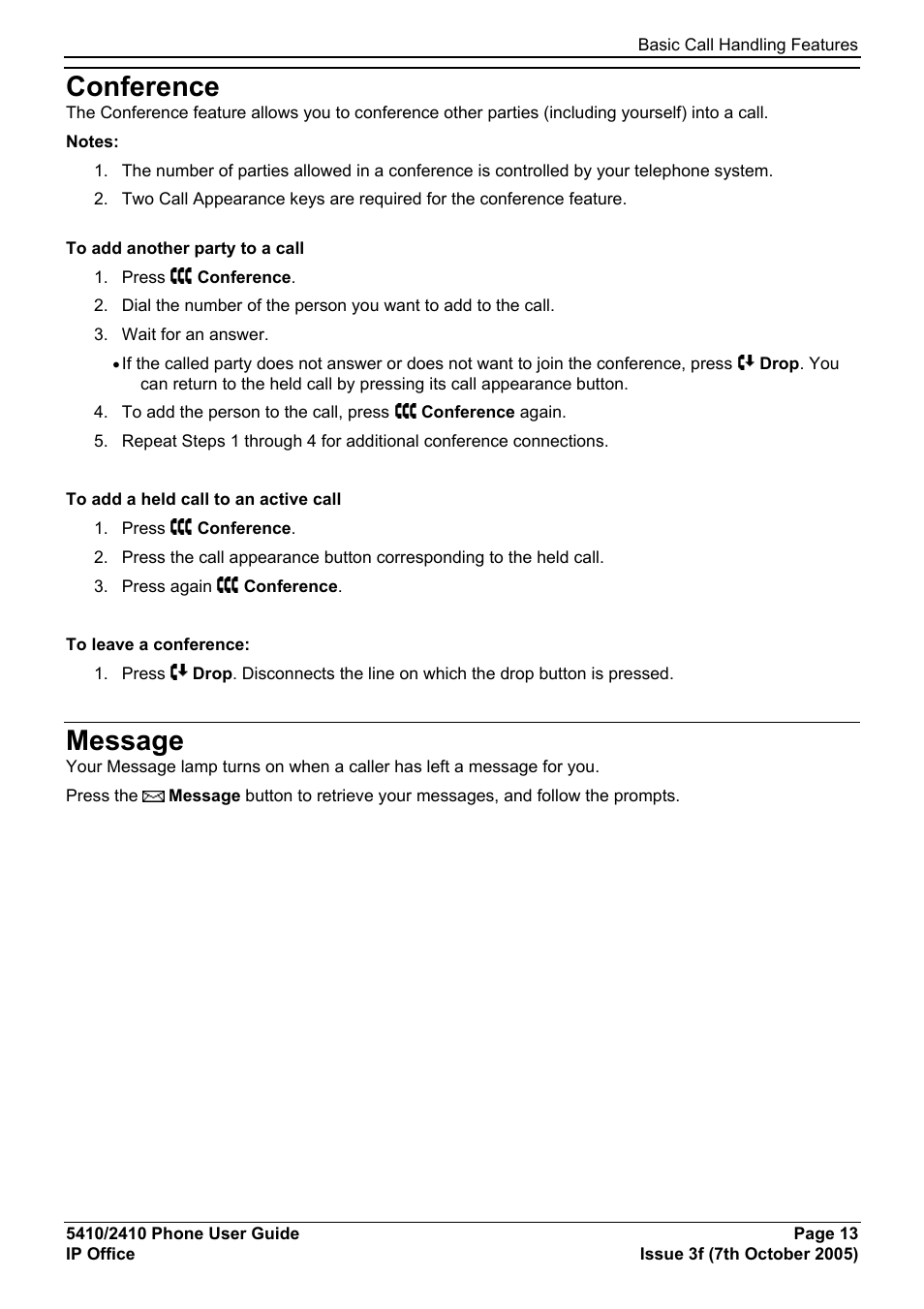 Conference, Message, Basic call handling features | Avaya 5410 User Manual | Page 13 / 38