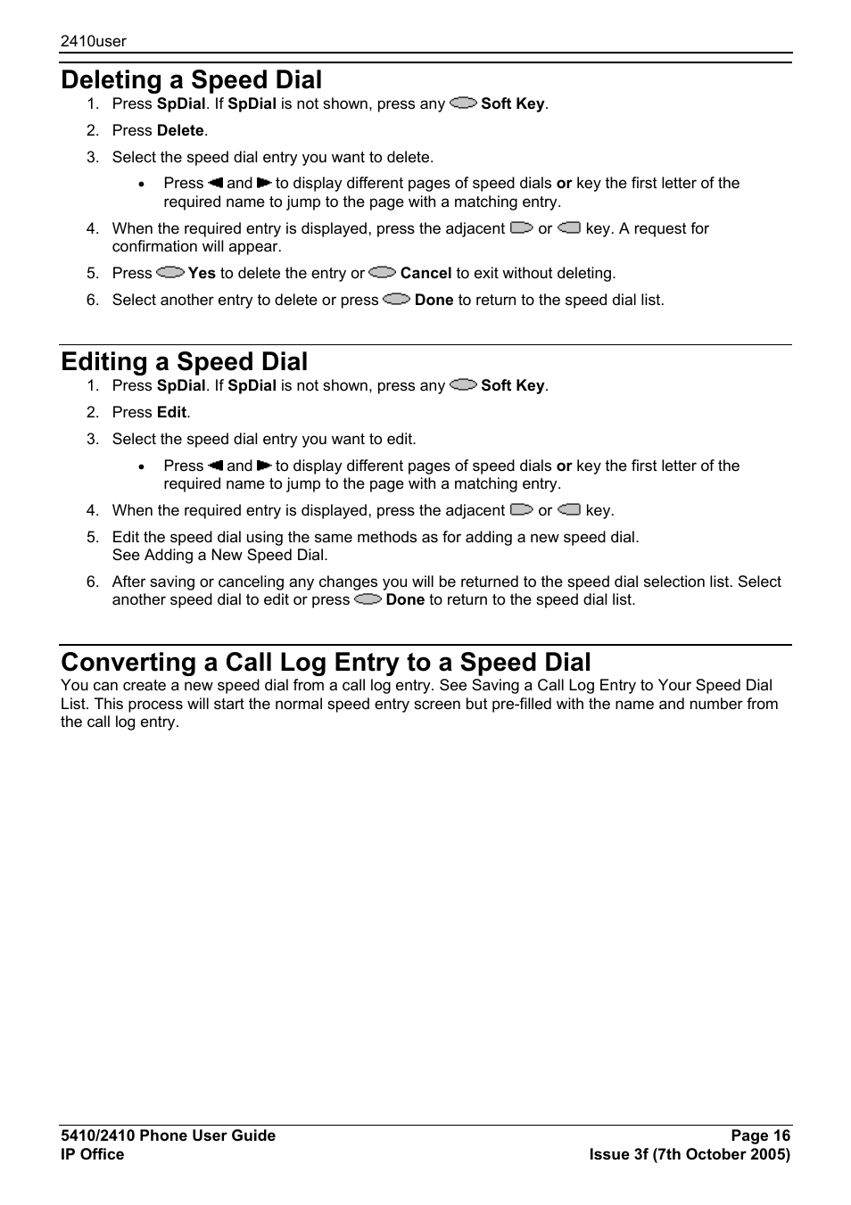 Deleting a speed dial, Editing a speed dial, Converting a call log entry to a speed dial | Using speed dials | Avaya 5410 User Manual | Page 16 / 38