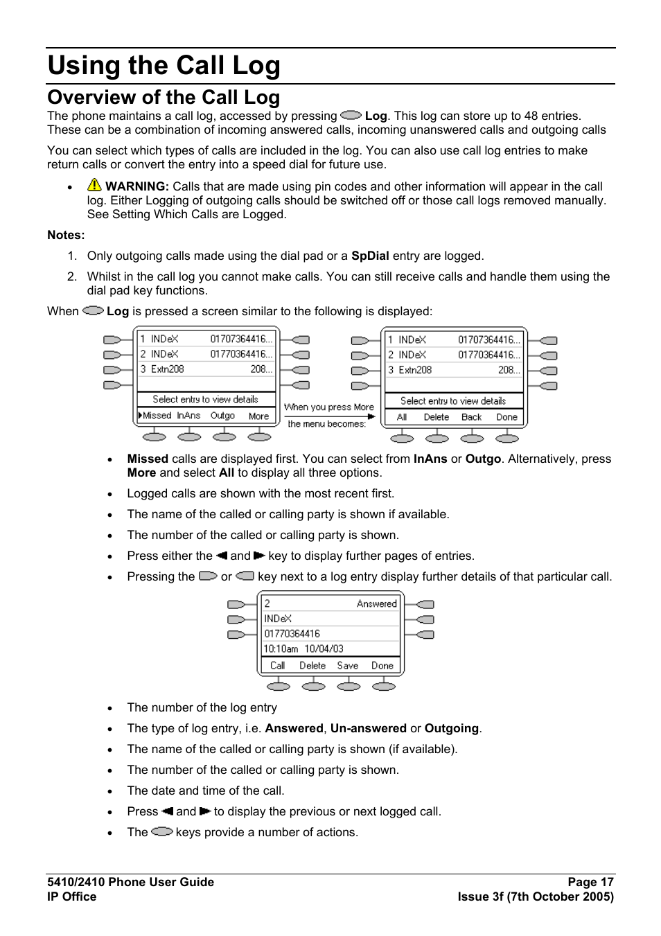 Using the call log, Overview of the call log | Avaya 5410 User Manual | Page 17 / 38