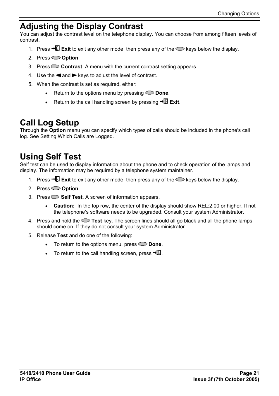 Adjusting the display contrast, Call log setup, Using self test | Avaya 5410 User Manual | Page 21 / 38