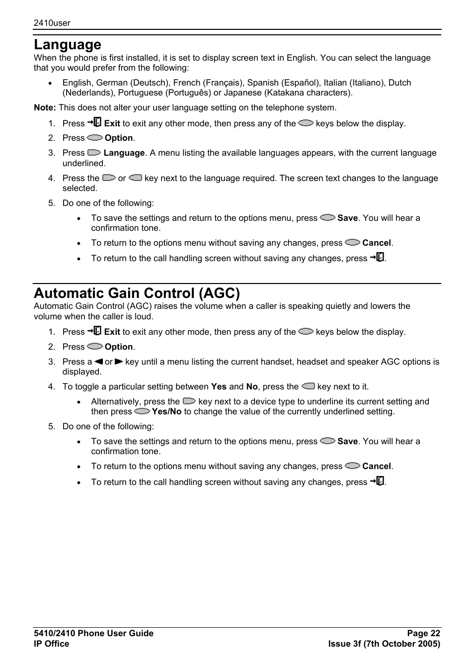 Language, Automatic gain control (agc) | Avaya 5410 User Manual | Page 22 / 38