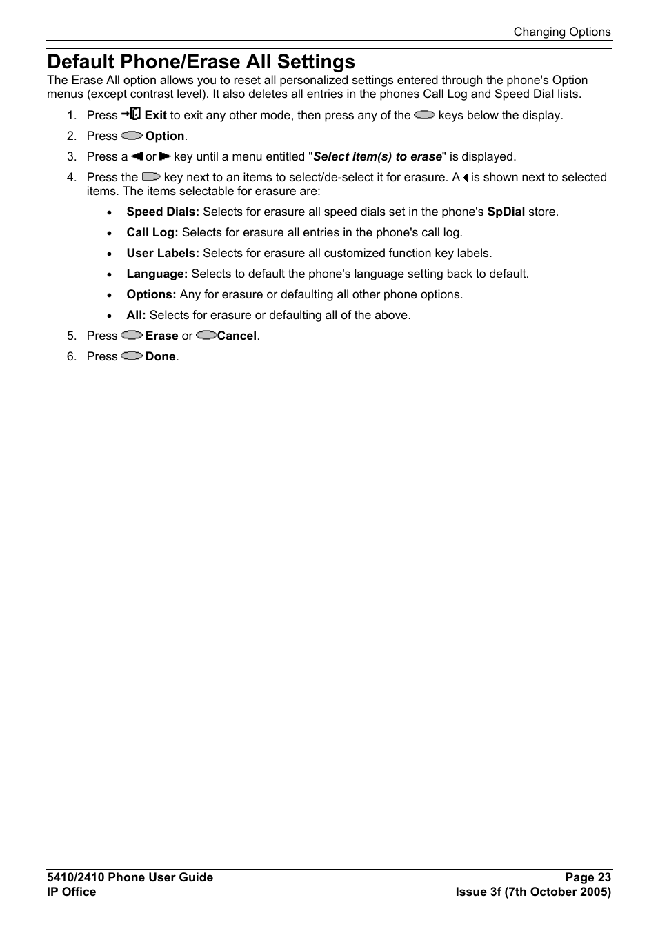 Default phone/erase all settings, Changing options | Avaya 5410 User Manual | Page 23 / 38