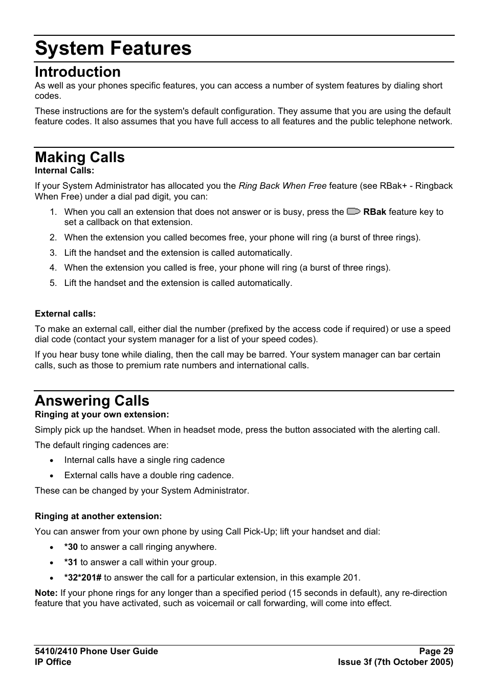 System features, Introduction, Making calls | Answering calls | Avaya 5410 User Manual | Page 29 / 38