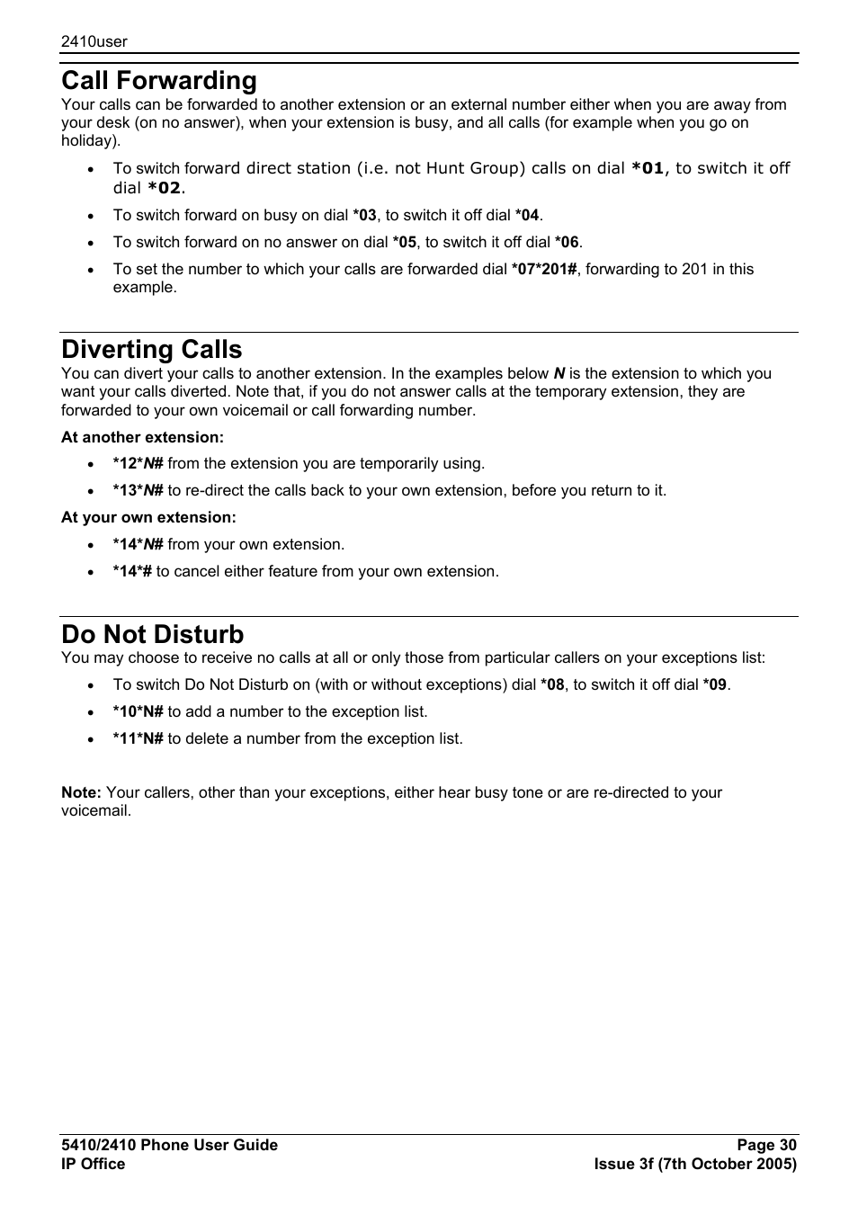 Call forwarding, Diverting calls, Do not disturb | Avaya 5410 User Manual | Page 30 / 38