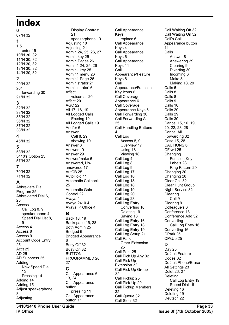 Index | Avaya 5410 User Manual | Page 33 / 38