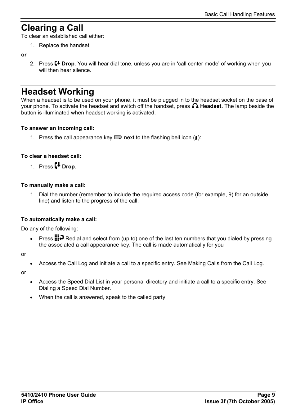 Clearing a call, Headset working | Avaya 5410 User Manual | Page 9 / 38