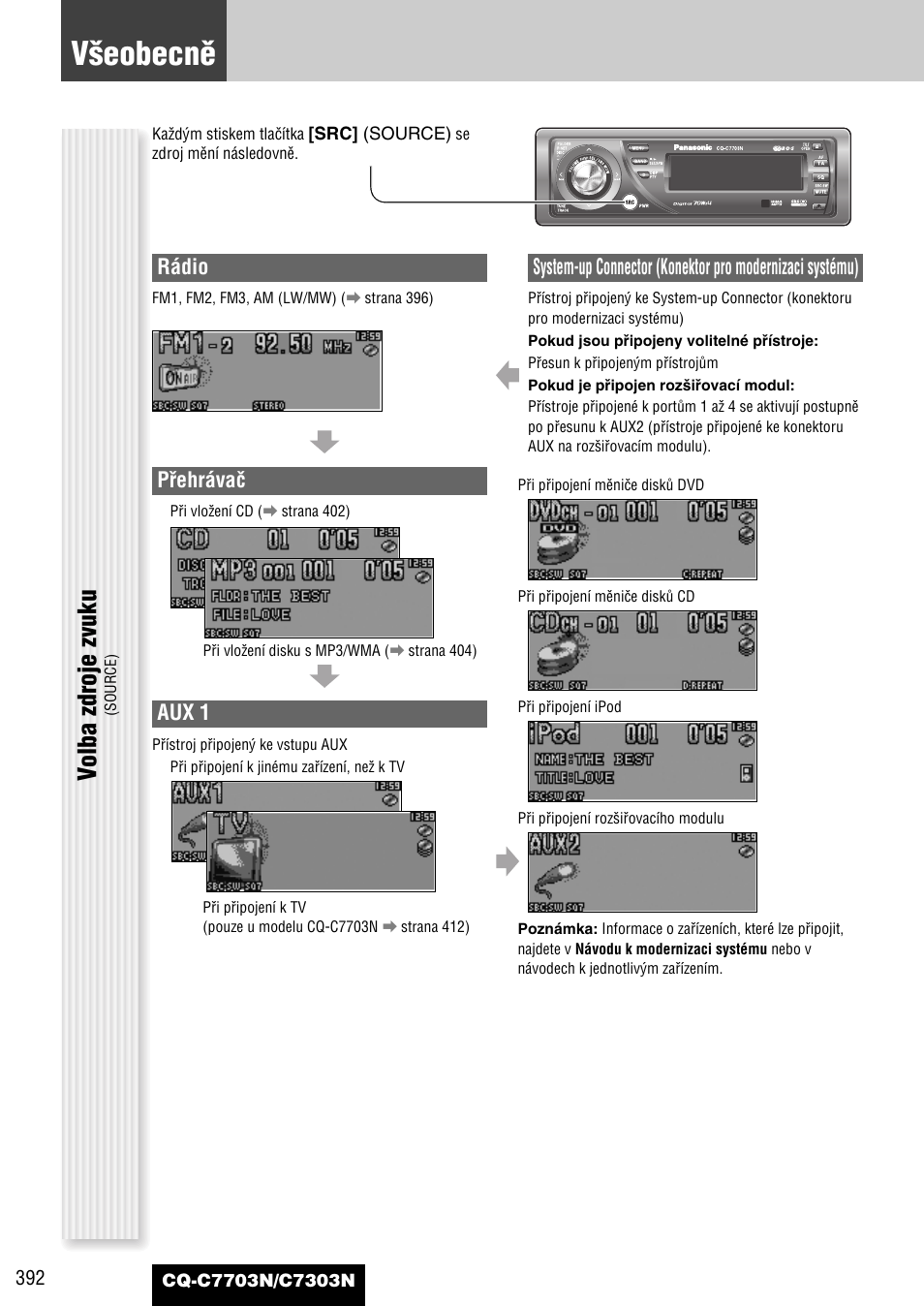 V‰eobecnû, Volba zdroje zvuku, Rádio | Pﬁehrávaã, Aux 1 | Panasonic CQC7703N User Manual | Page 14 / 64