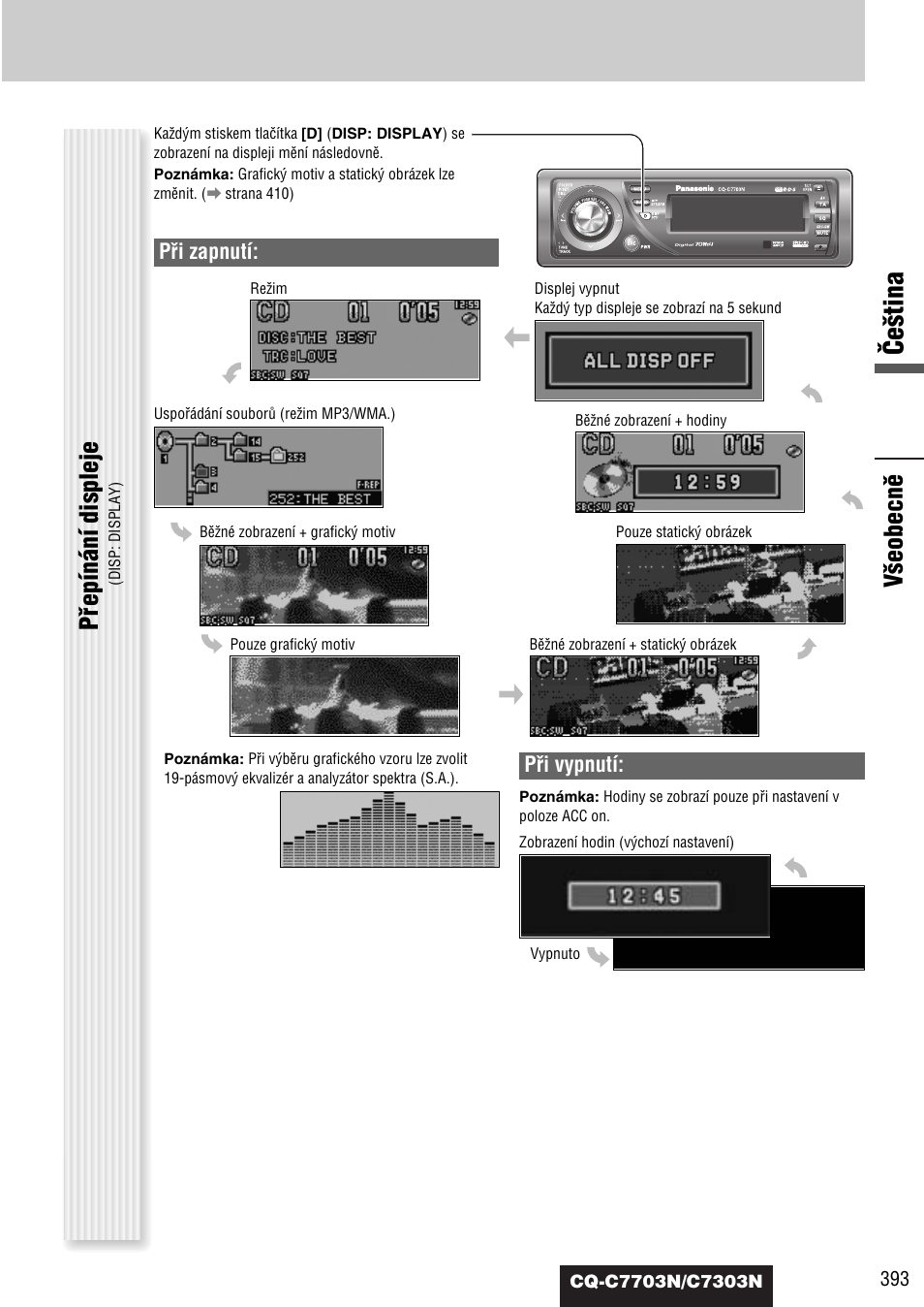Âe‰tina, V‰eobecnû, Pﬁepínání displeje | Pﬁi vypnutí, Pﬁi zapnutí | Panasonic CQC7703N User Manual | Page 15 / 64