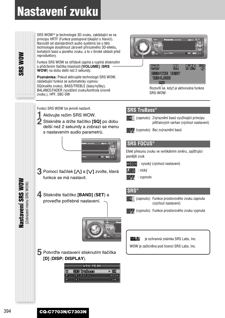 Nastavení zvuku, Srs wow nastavení srs wow | Panasonic CQC7703N User Manual | Page 16 / 64